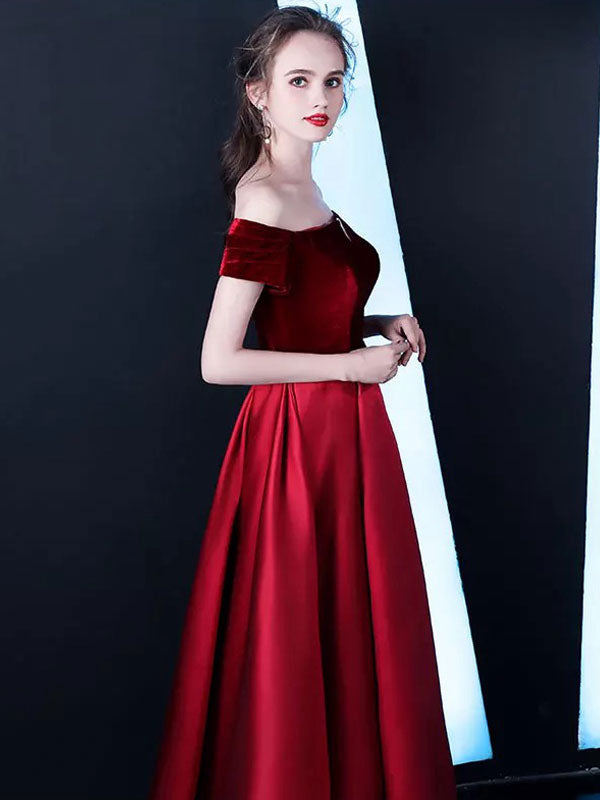 Stunning Burgundy Evening Dresses Off The Shoulder Velvet Satin Formal Dress Notched Neck Floor Length Evening Gowns-showprettydress