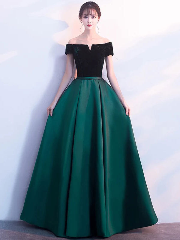 Stunning Burgundy Evening Dresses Off The Shoulder Velvet Satin Formal Dress Notched Neck Floor Length Evening Gowns-showprettydress