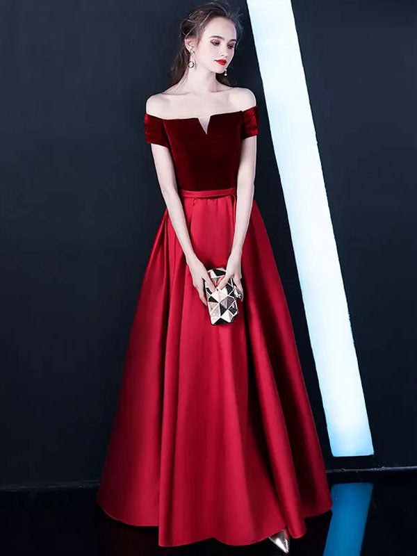 Stunning Burgundy Evening Dresses Off The Shoulder Velvet Satin Formal Dress Notched Neck Floor Length Evening Gowns-showprettydress