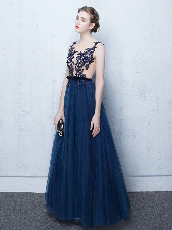 Stunning Dark Navy Evening Dresses Long Tulle Evening Dress Lace Illusion Floor Length Formal Dress-showprettydress