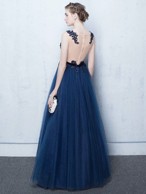 Stunning Dark Navy Evening Dresses Long Tulle Evening Dress Lace Illusion Floor Length Formal Dress-showprettydress