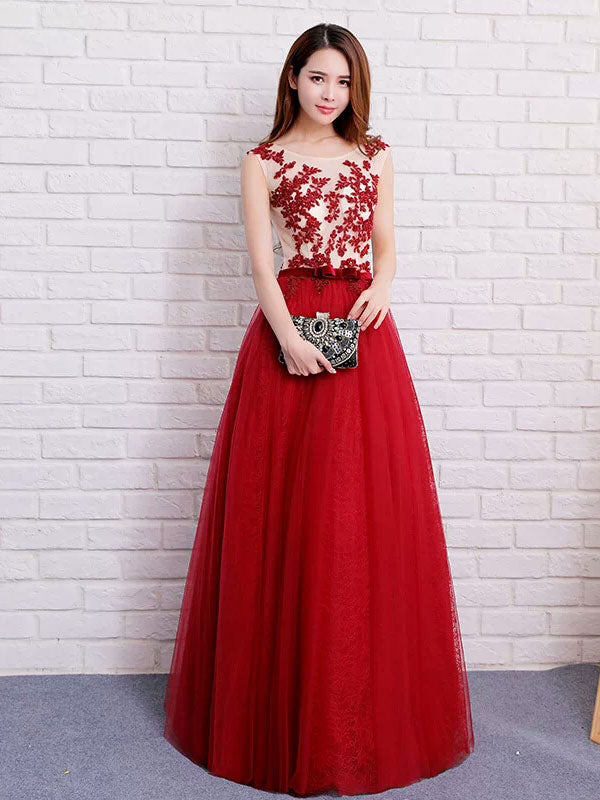 Stunning Dark Navy Evening Dresses Long Tulle Evening Dress Lace Illusion Floor Length Formal Dress-showprettydress