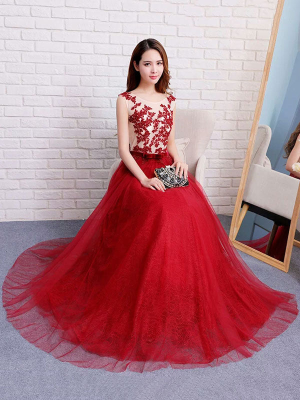 Stunning Dark Navy Evening Dresses Long Tulle Evening Dress Lace Illusion Floor Length Formal Dress-showprettydress