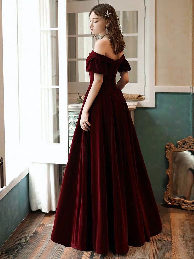 Stunning Evening Dress A Line Off The Shoulder Short Sleeves Floor Length Laceup Pockets Velour Formal Dinner Dresses-showprettydress