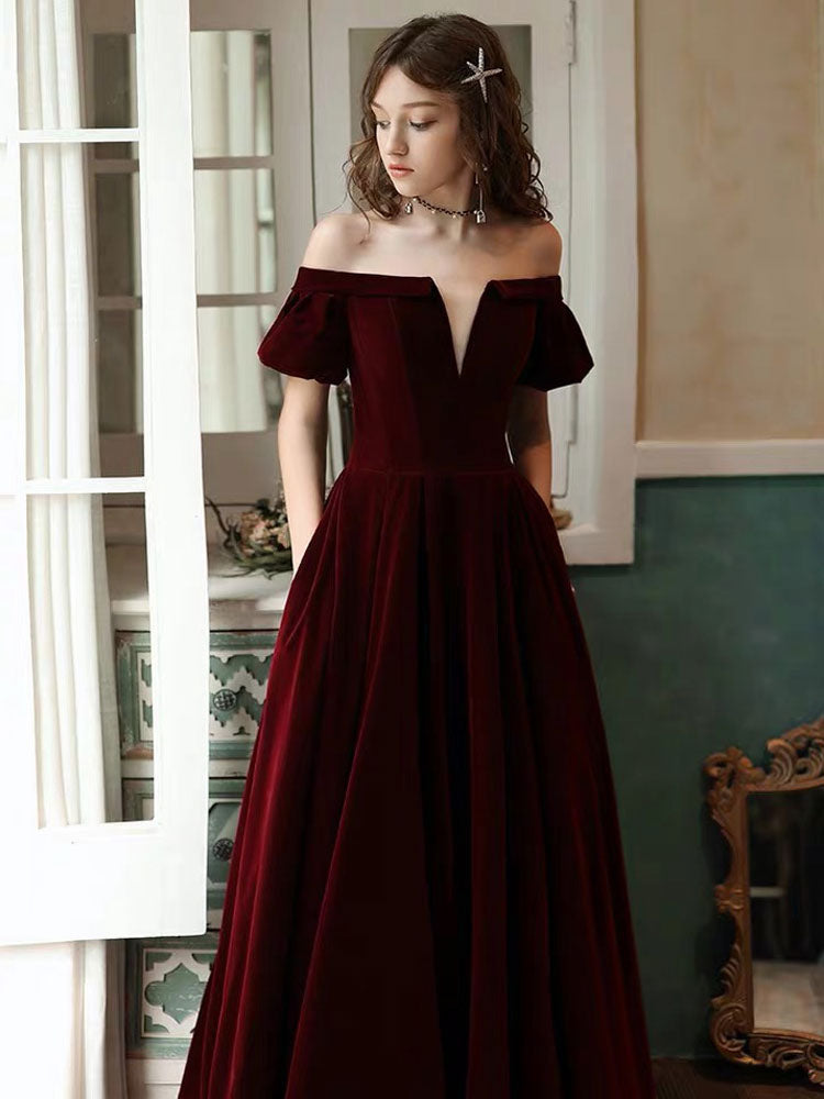 Stunning Evening Dress A Line Off The Shoulder Short Sleeves Floor Length Laceup Pockets Velour Formal Dinner Dresses-showprettydress
