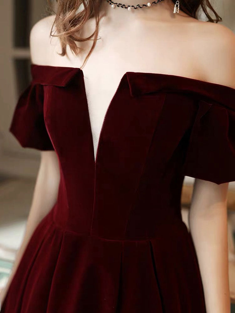 Stunning Evening Dress A Line Off The Shoulder Short Sleeves Floor Length Laceup Pockets Velour Formal Dinner Dresses-showprettydress