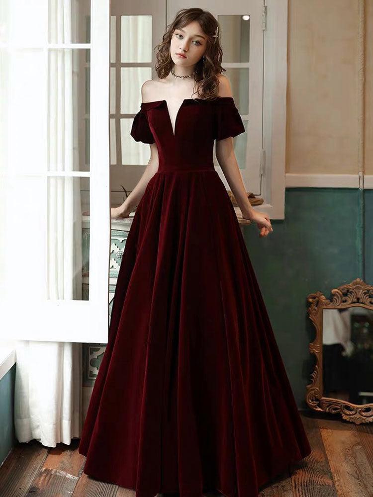 Stunning Evening Dress A Line Off The Shoulder Short Sleeves Floor Length Laceup Pockets Velour Formal Dinner Dresses-showprettydress