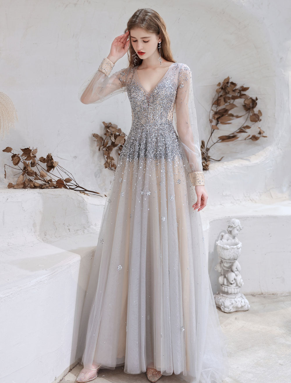 Stunning Evening Dress Light Grey A Line Jewel Neck With Train Long Sleeves Zipper Formal Dinner Pageant Dress-showprettydress
