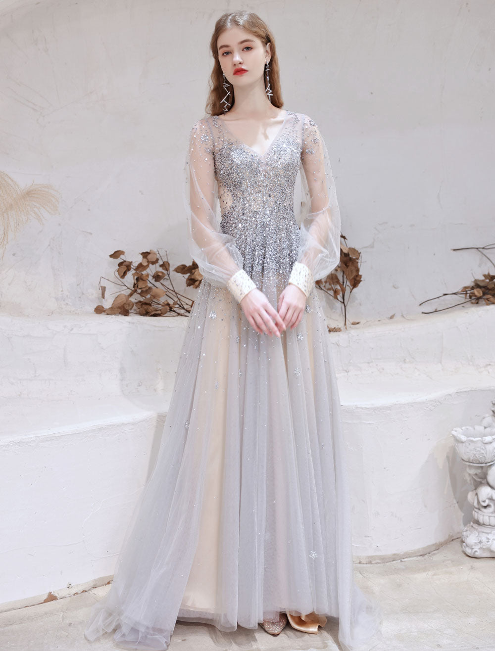 Stunning Evening Dress Light Grey A Line Jewel Neck With Train Long Sleeves Zipper Formal Dinner Pageant Dress-showprettydress