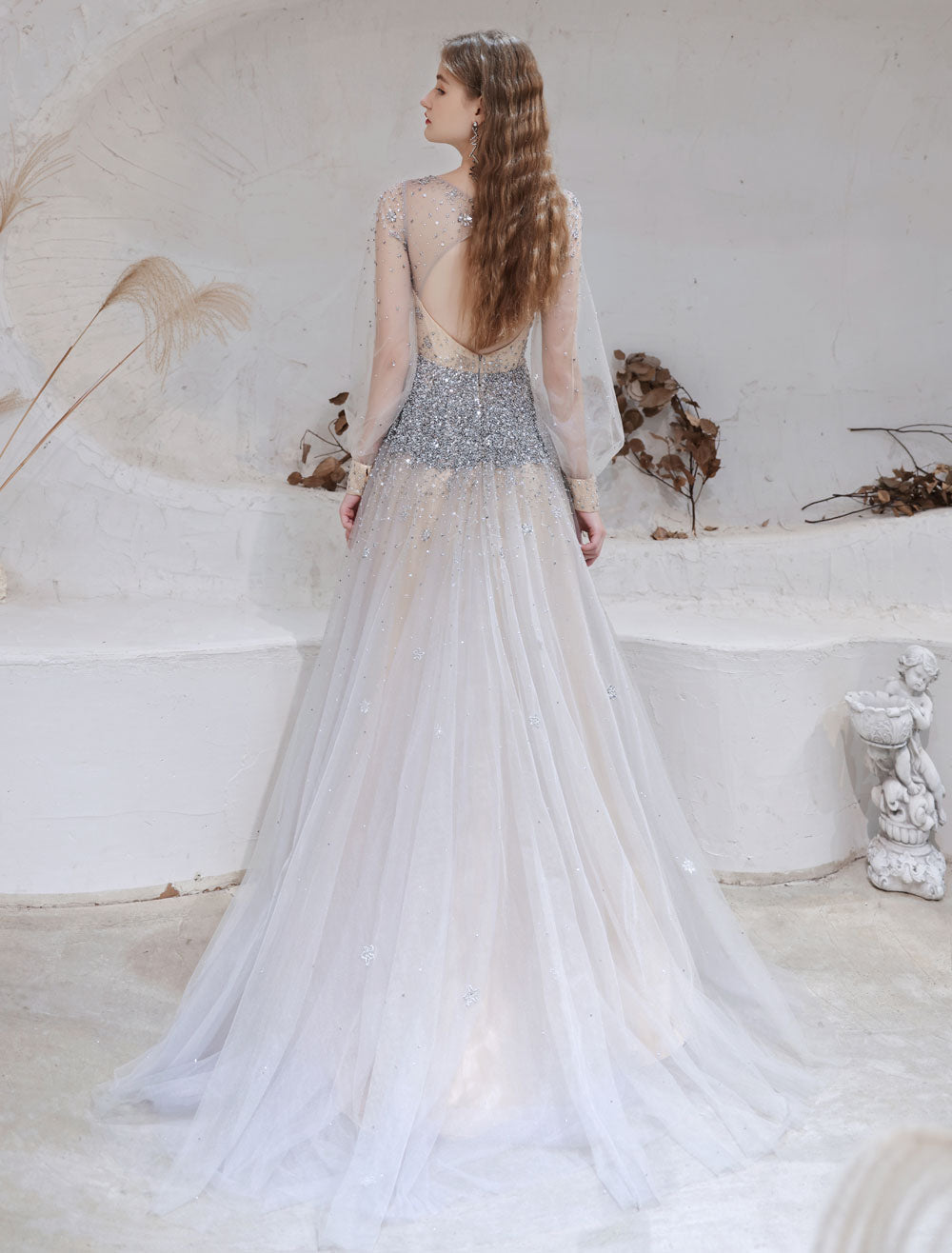 Stunning Evening Dress Light Grey A Line Jewel Neck With Train Long Sleeves Zipper Formal Dinner Pageant Dress-showprettydress