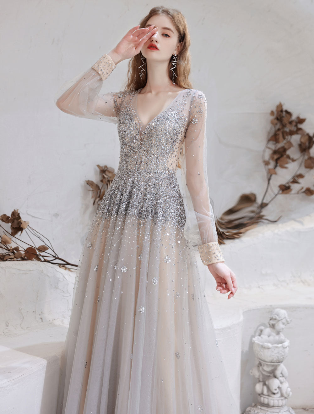 Stunning Evening Dress Light Grey A Line Jewel Neck With Train Long Sleeves Zipper Formal Dinner Pageant Dress-showprettydress