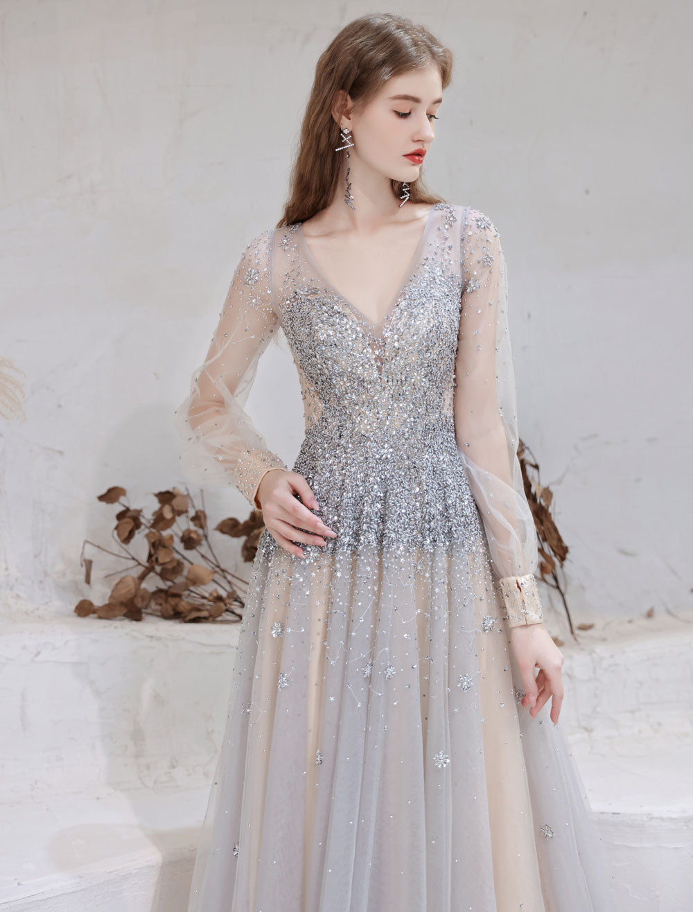 Stunning Evening Dress Light Grey A Line Jewel Neck With Train Long Sleeves Zipper Formal Dinner Pageant Dress-showprettydress
