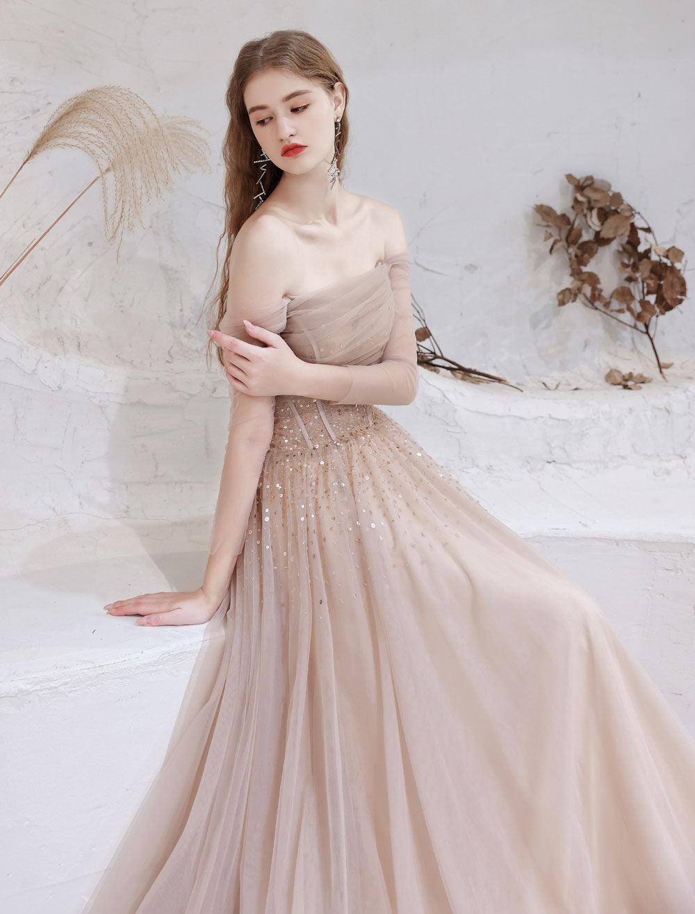 Stunning Evening Dress Nude Color A Line Bateau Neck Floor Length Sequins Formal Party Dresses Pageant Dress-showprettydress