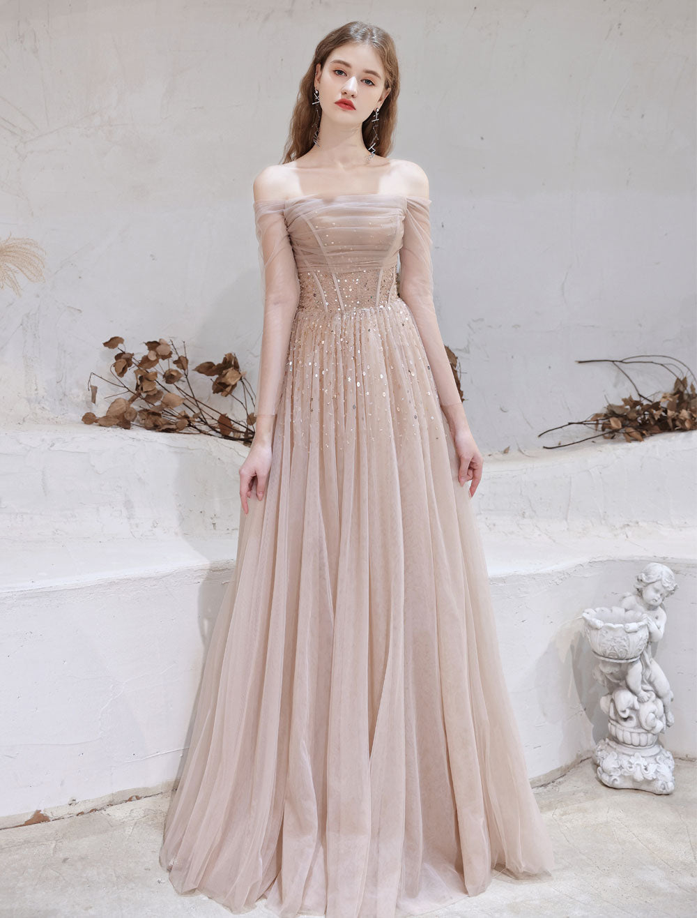 Stunning Evening Dress Nude Color A Line Bateau Neck Floor Length Sequins Formal Party Dresses Pageant Dress-showprettydress