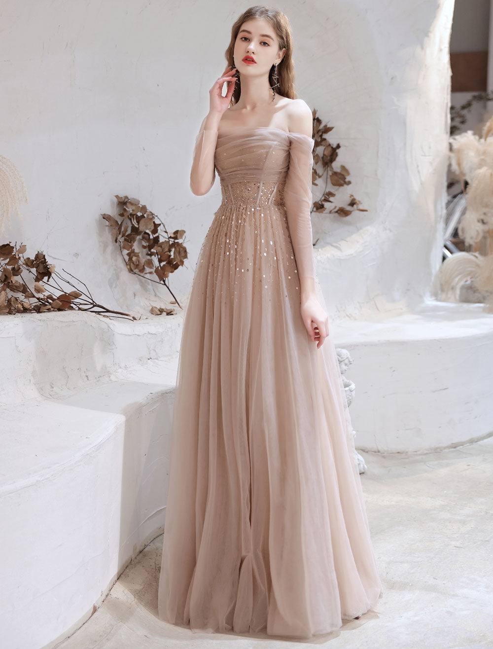 Stunning Evening Dress Nude Color A Line Bateau Neck Floor Length Sequins Formal Party Dresses Pageant Dress-showprettydress