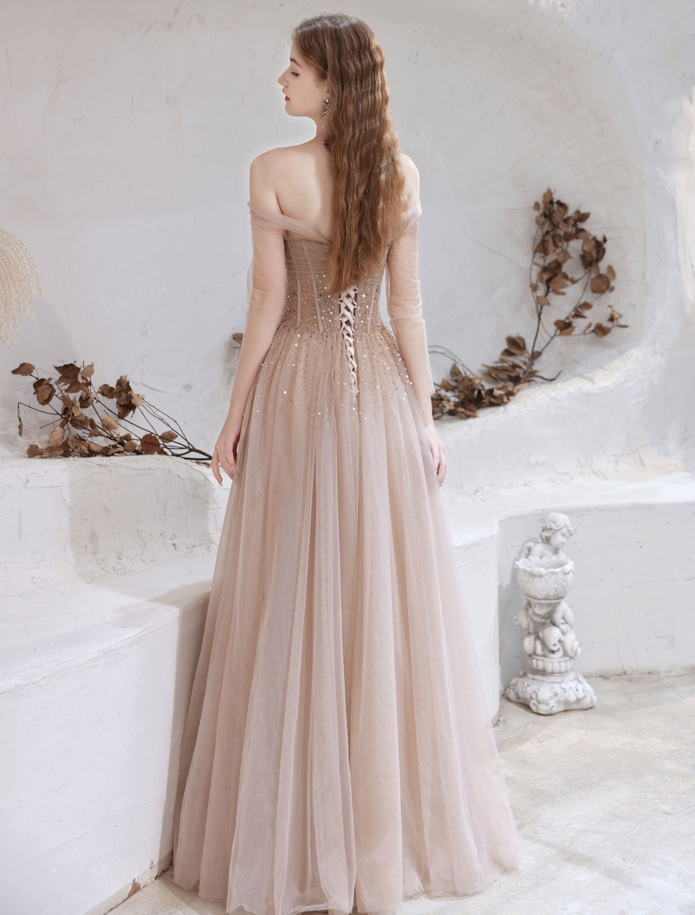 Stunning Evening Dress Nude Color A Line Bateau Neck Floor Length Sequins Formal Party Dresses Pageant Dress-showprettydress