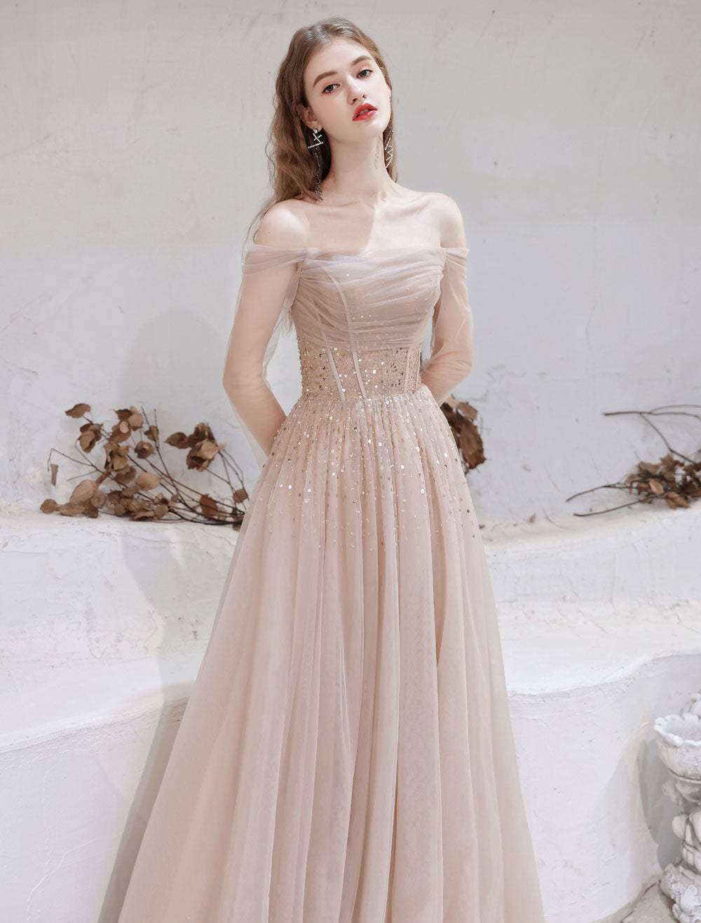 Stunning Evening Dress Nude Color A Line Bateau Neck Floor Length Sequins Formal Party Dresses Pageant Dress-showprettydress