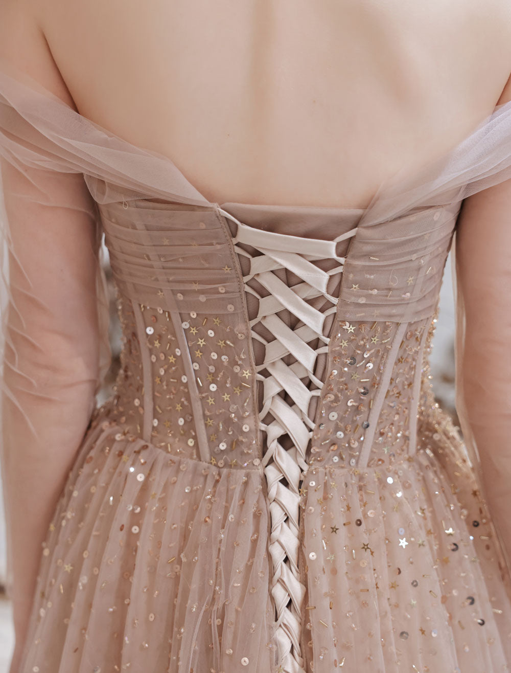 Stunning Evening Dress Nude Color A Line Bateau Neck Floor Length Sequins Formal Party Dresses Pageant Dress-showprettydress