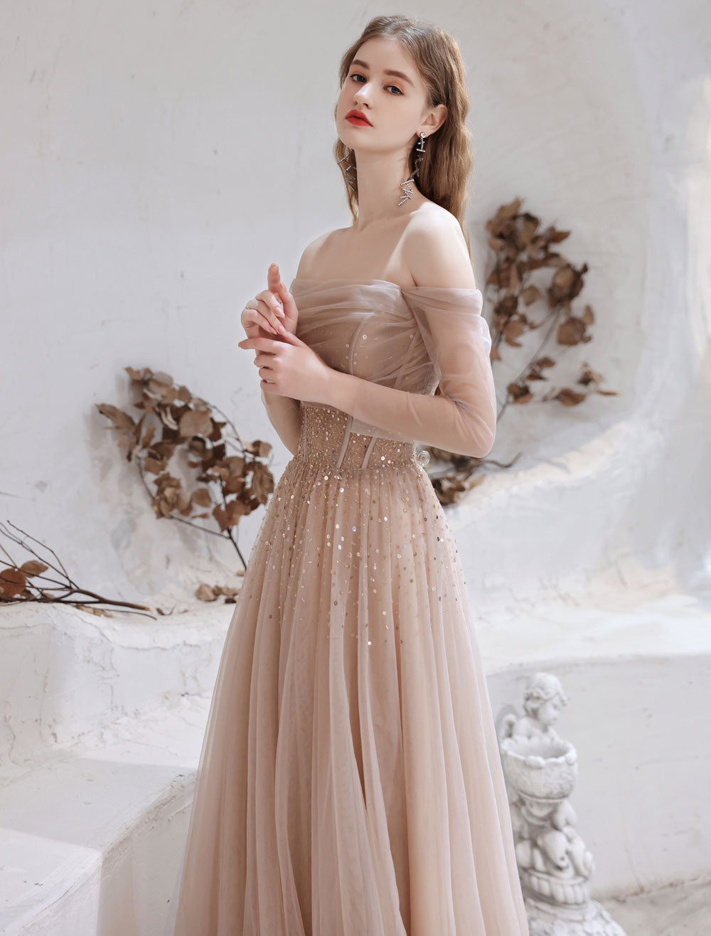 Stunning Evening Dress Nude Color A Line Bateau Neck Floor Length Sequins Formal Party Dresses Pageant Dress-showprettydress