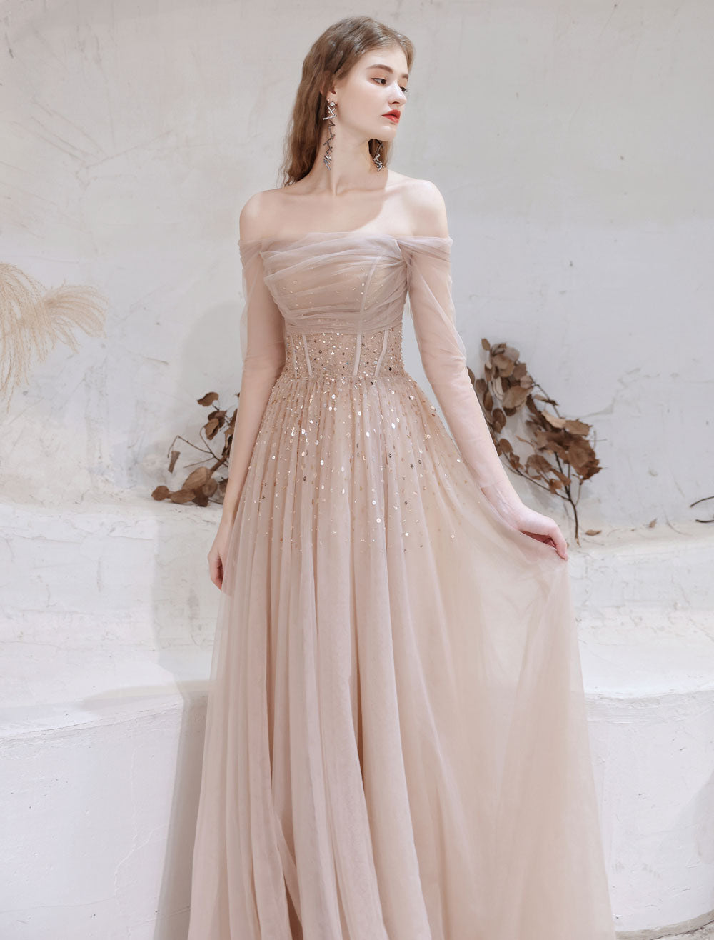 Stunning Evening Dress Nude Color A Line Bateau Neck Floor Length Sequins Formal Party Dresses Pageant Dress-showprettydress
