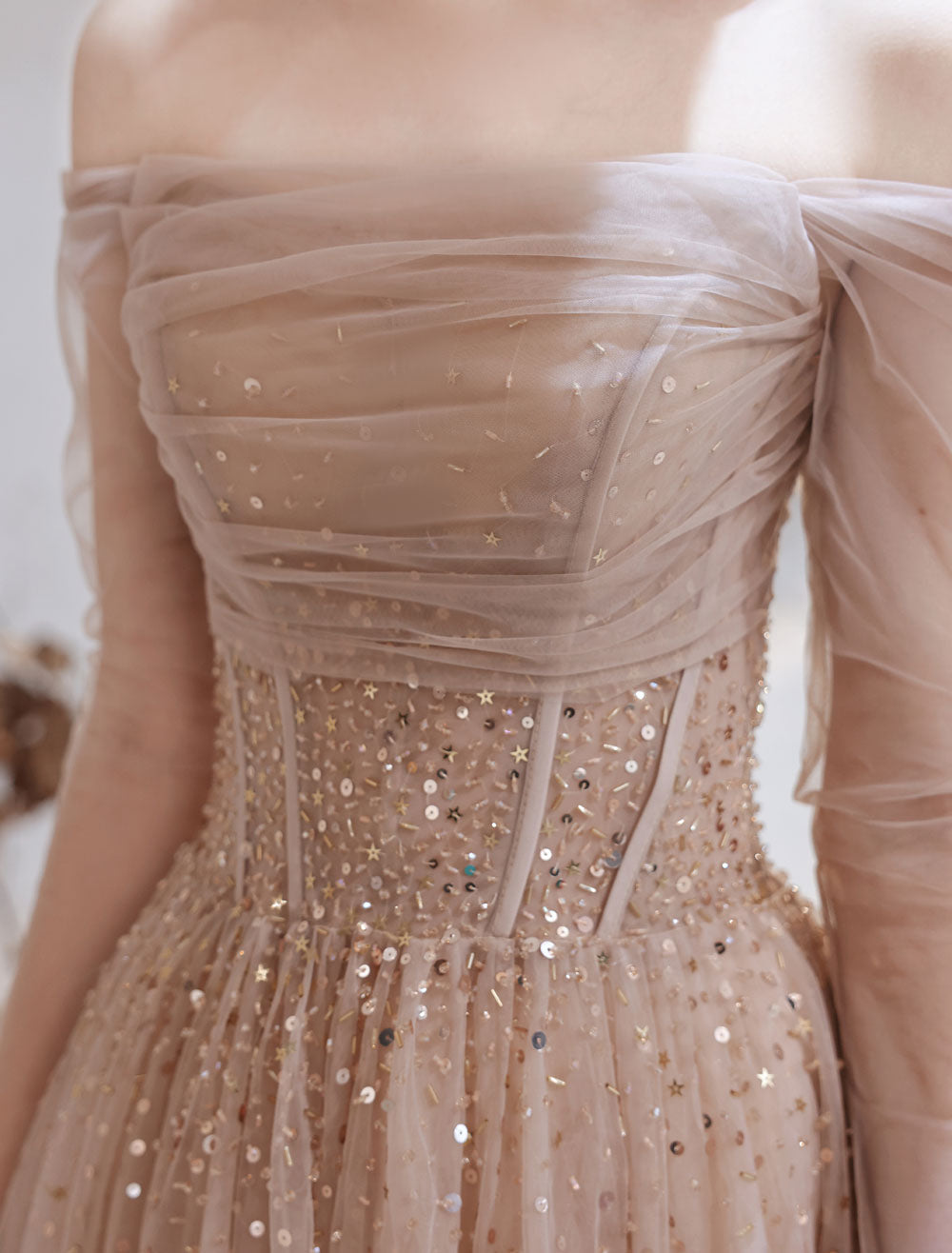 Stunning Evening Dress Nude Color A Line Bateau Neck Floor Length Sequins Formal Party Dresses Pageant Dress-showprettydress