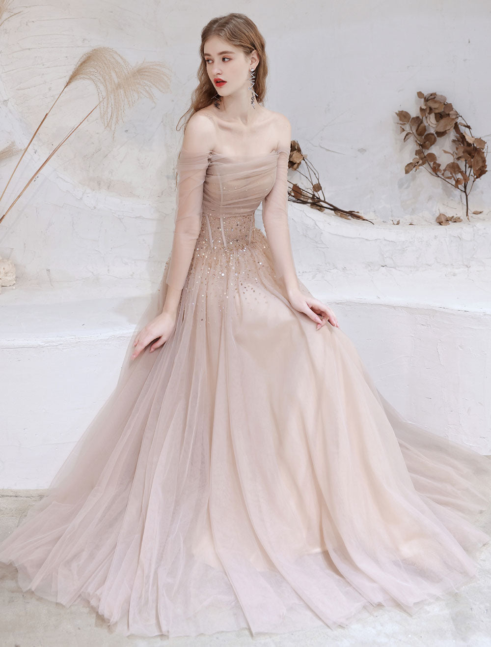 Stunning Evening Dress Nude Color A Line Bateau Neck Floor Length Sequins Formal Party Dresses Pageant Dress-showprettydress