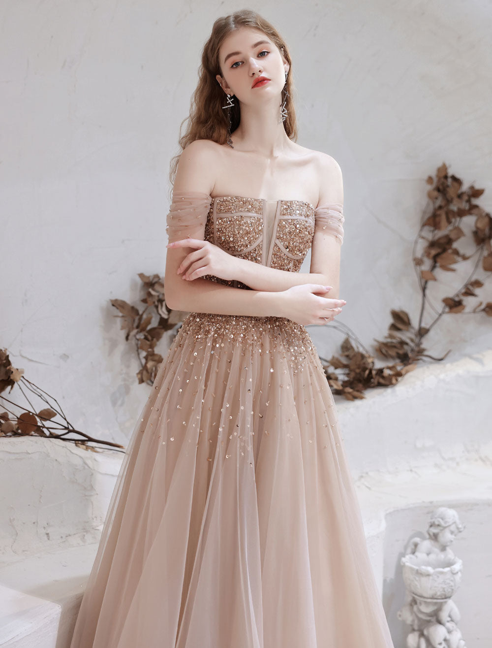 Stunning Evening Dress Nude Color A Line Bateau Neck Floor Length Short Sleeves Lace Up Sequins Formal Dinner Dresses Pageant Dress-showprettydress