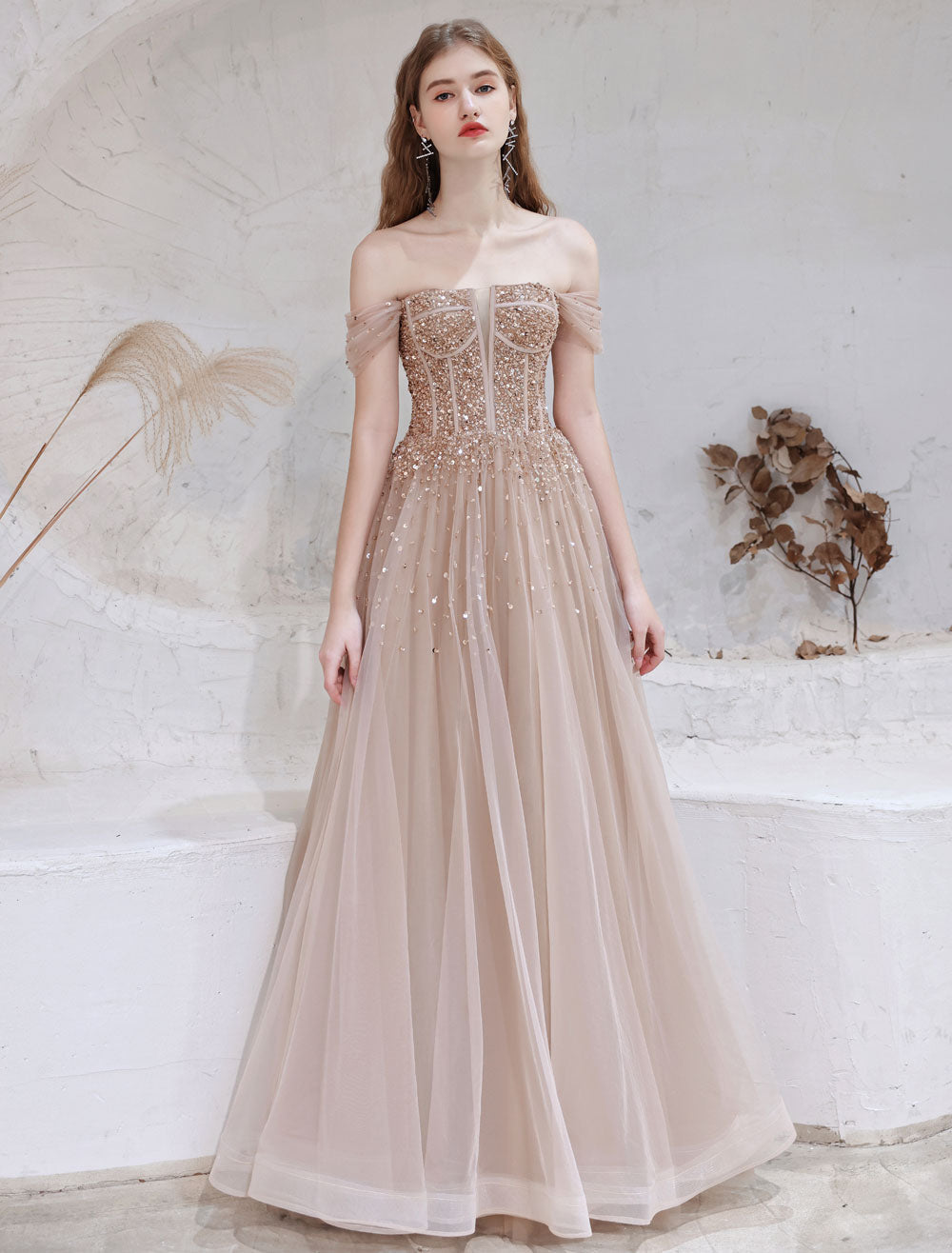 Stunning Evening Dress Nude Color A Line Bateau Neck Floor Length Short Sleeves Lace Up Sequins Formal Dinner Dresses Pageant Dress-showprettydress