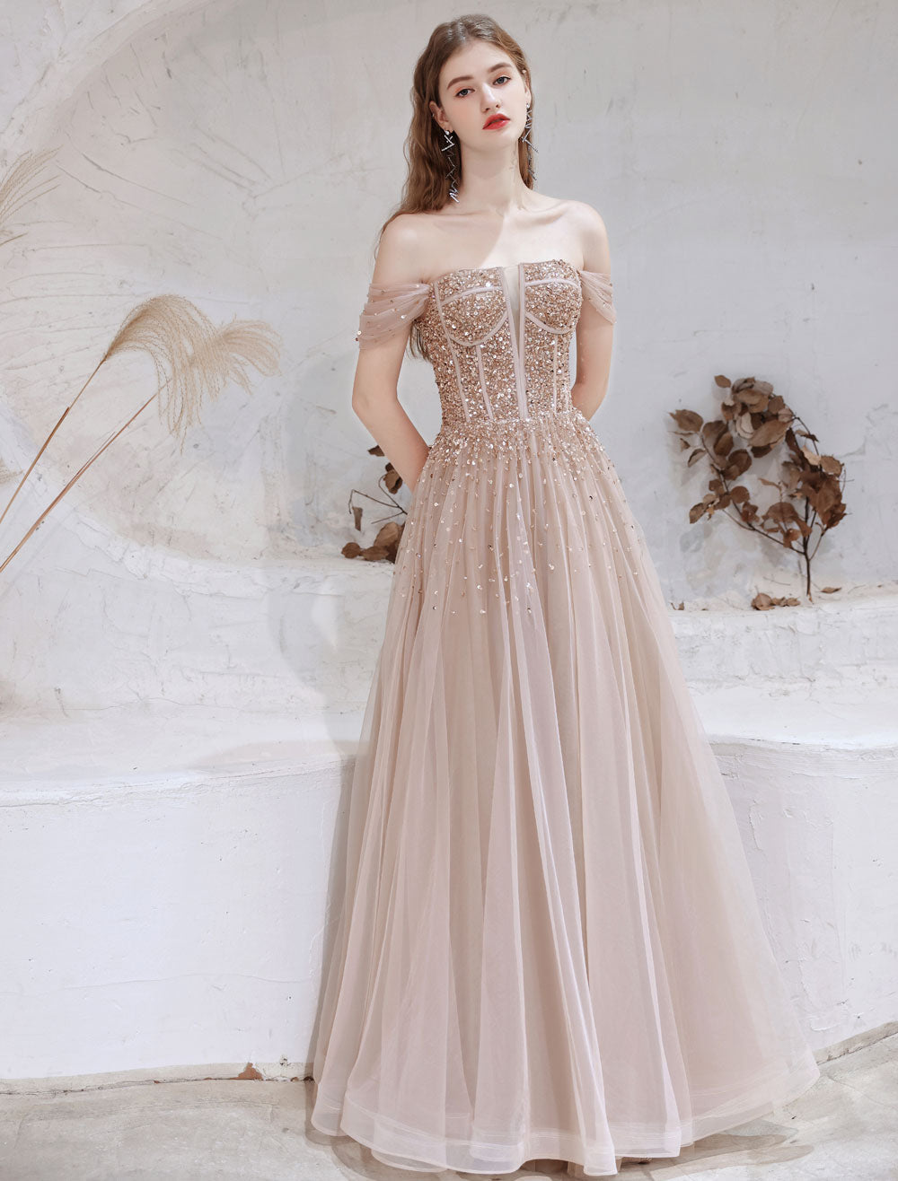 Stunning Evening Dress Nude Color A Line Bateau Neck Floor Length Short Sleeves Lace Up Sequins Formal Dinner Dresses Pageant Dress-showprettydress