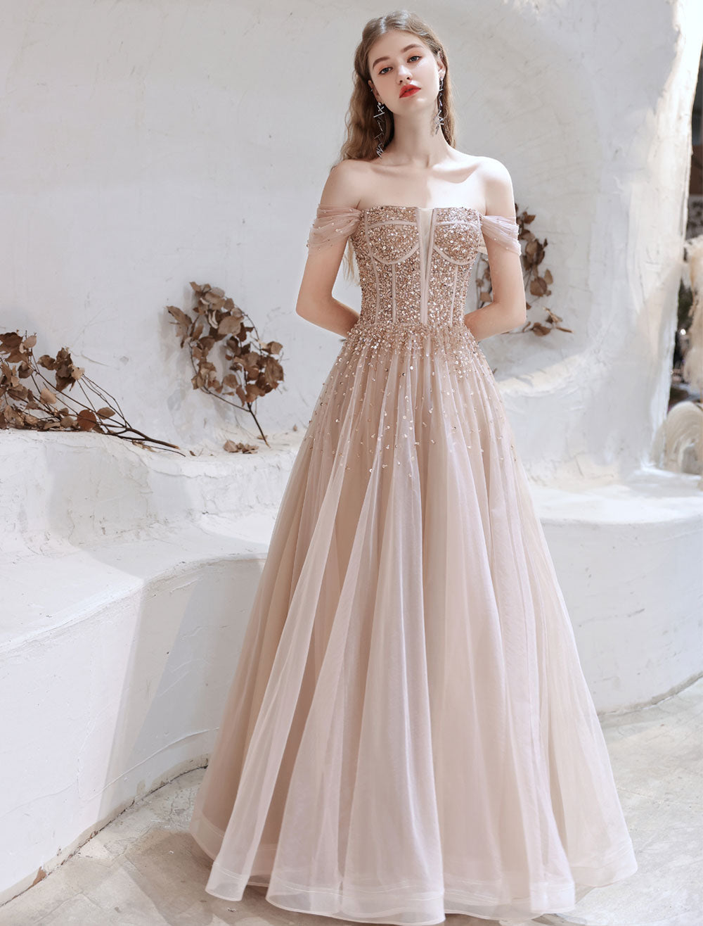 Stunning Evening Dress Nude Color A Line Bateau Neck Floor Length Short Sleeves Lace Up Sequins Formal Dinner Dresses Pageant Dress-showprettydress