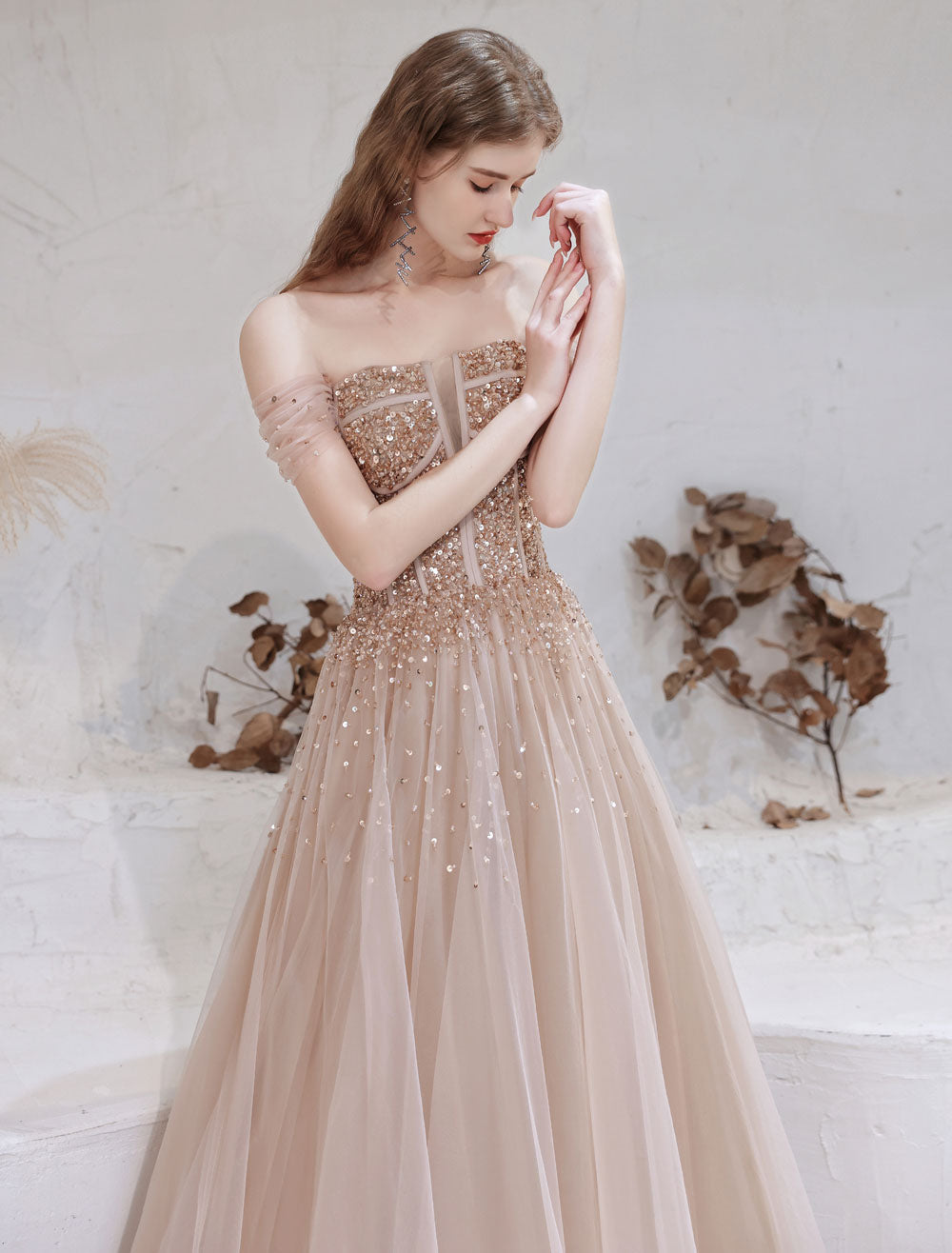 Stunning Evening Dress Nude Color A Line Bateau Neck Floor Length Short Sleeves Lace Up Sequins Formal Dinner Dresses Pageant Dress-showprettydress