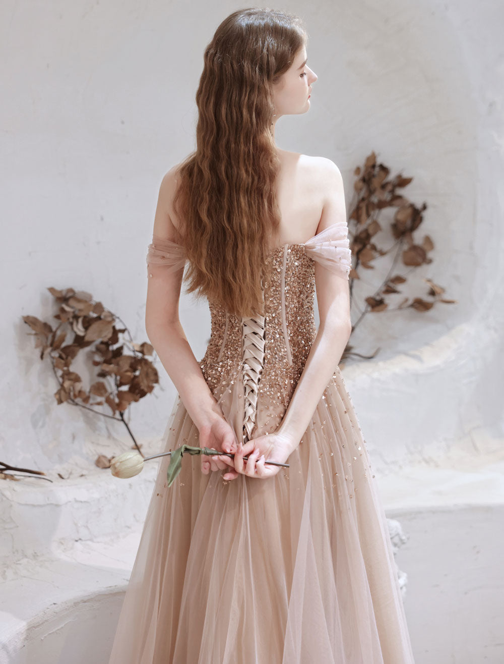 Stunning Evening Dress Nude Color A Line Bateau Neck Floor Length Short Sleeves Lace Up Sequins Formal Dinner Dresses Pageant Dress-showprettydress