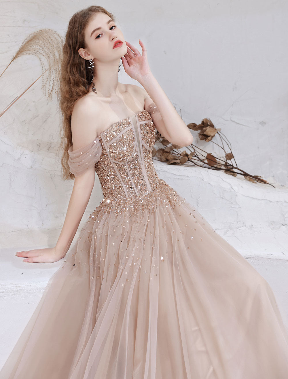 Stunning Evening Dress Nude Color A Line Bateau Neck Floor Length Short Sleeves Lace Up Sequins Formal Dinner Dresses Pageant Dress-showprettydress