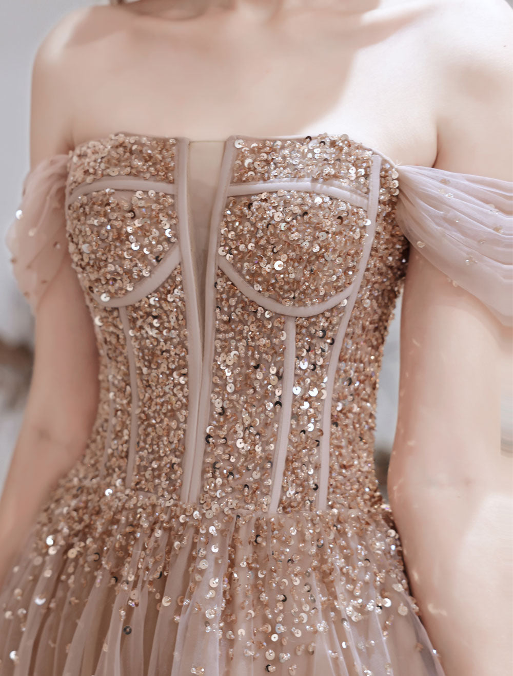 Stunning Evening Dress Nude Color A Line Bateau Neck Floor Length Short Sleeves Lace Up Sequins Formal Dinner Dresses Pageant Dress-showprettydress