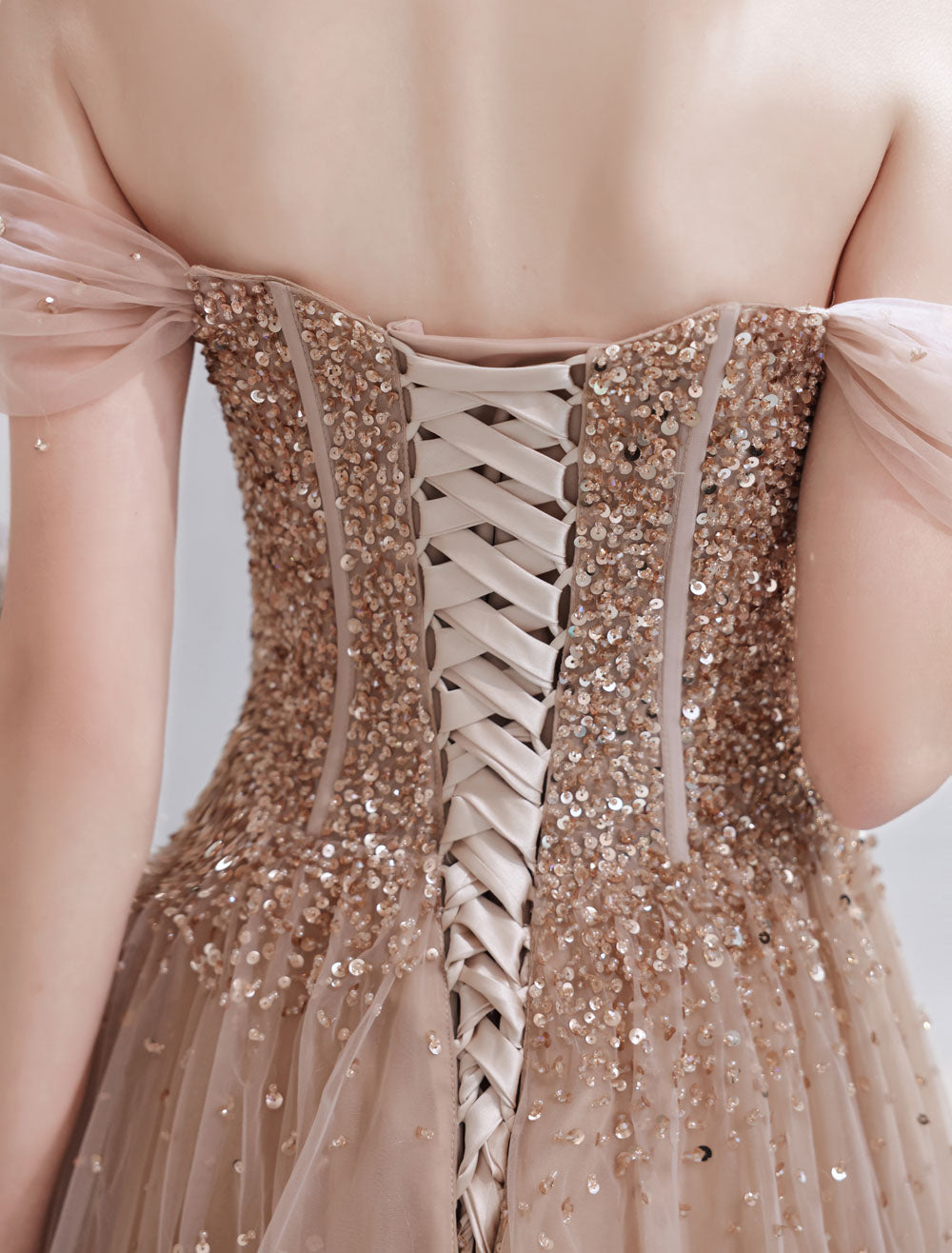 Stunning Evening Dress Nude Color A Line Bateau Neck Floor Length Short Sleeves Lace Up Sequins Formal Dinner Dresses Pageant Dress-showprettydress