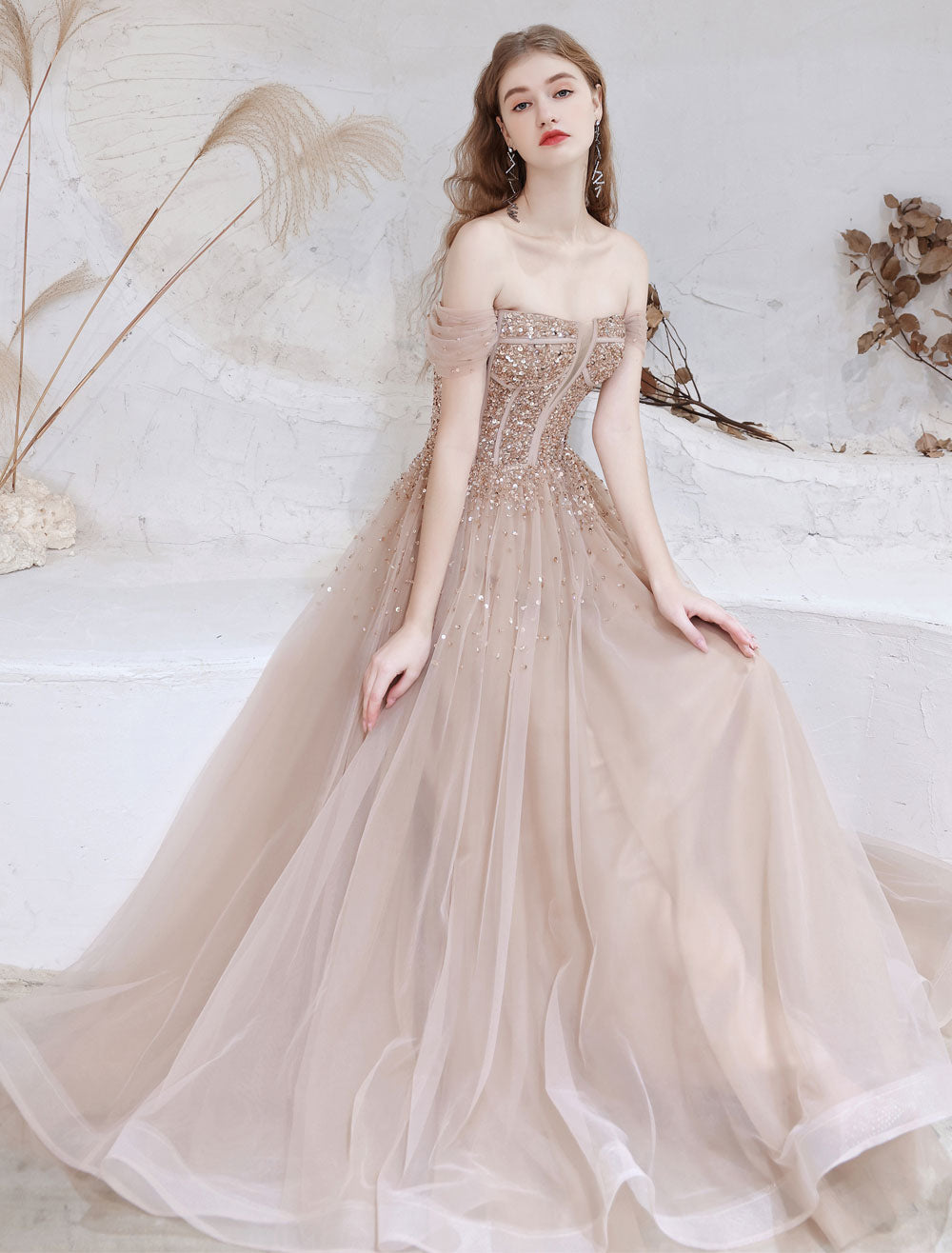 Stunning Evening Dress Nude Color A Line Bateau Neck Floor Length Short Sleeves Lace Up Sequins Formal Dinner Dresses Pageant Dress-showprettydress