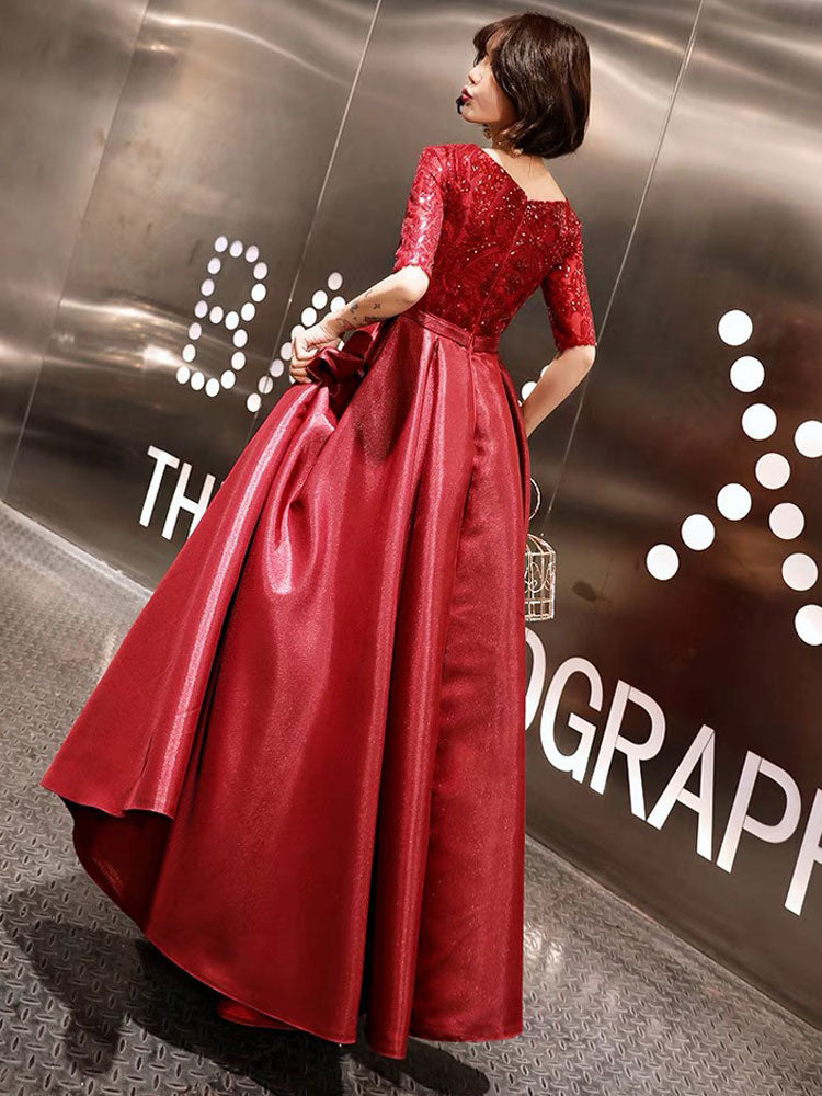 Stunning Evening Dresses Burgundy Half Sleeve Sequin Satin Floor Length Long Prom Gown-showprettydress