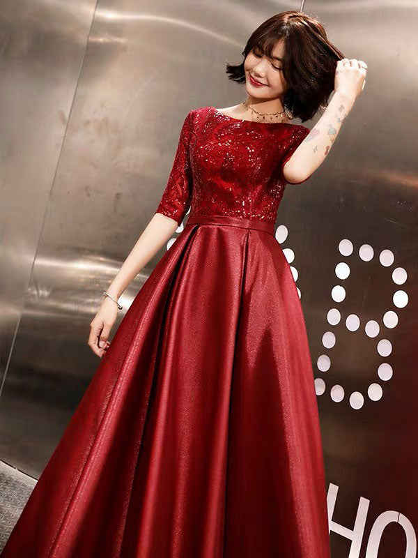 Stunning Evening Dresses Burgundy Half Sleeve Sequin Satin Floor Length Long Prom Gown-showprettydress