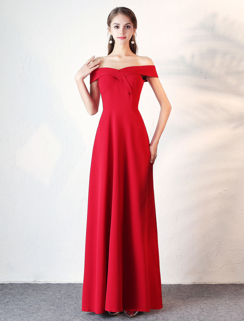 Stunning Evening Dresses Burgundy Off The Shoulder evening dress Satin Floor Length Formal Party Dress wedding guest dress-showprettydress