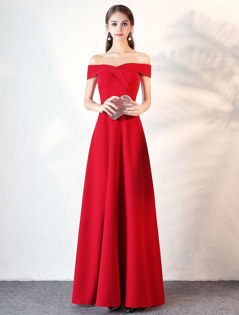 Stunning Evening Dresses Burgundy Off The Shoulder evening dress Satin Floor Length Formal Party Dress wedding guest dress-showprettydress