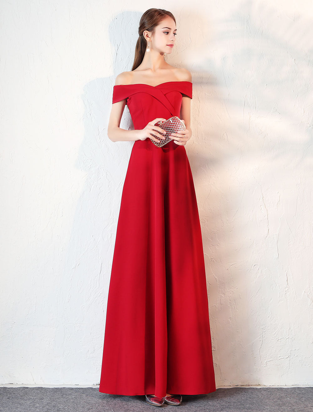 Stunning Evening Dresses Burgundy Off The Shoulder evening dress Satin Floor Length Formal Party Dress wedding guest dress-showprettydress