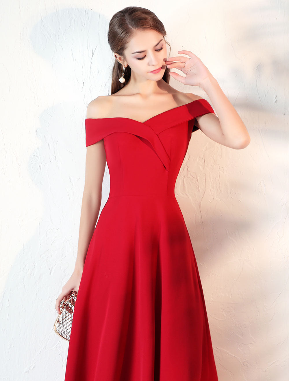 Stunning Evening Dresses Burgundy Off The Shoulder evening dress Satin Floor Length Formal Party Dress wedding guest dress-showprettydress