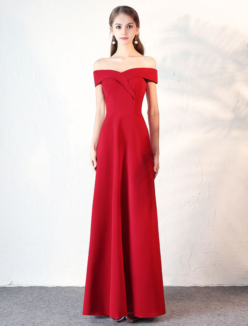 Stunning Evening Dresses Burgundy Off The Shoulder evening dress Satin Floor Length Formal Party Dress wedding guest dress-showprettydress