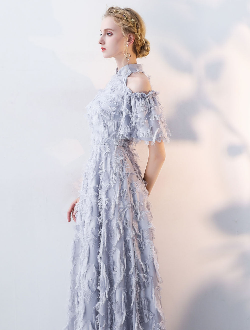 Stunning Evening Dresses Long Light Grey Cold Shoulder Evening Dress Lace Stand Collar Floor Length Formal Dress-showprettydress