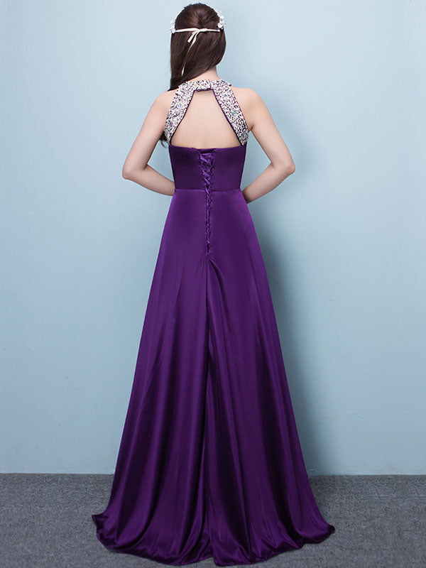 Stunning Evening Dresses Long Soft Pink Satin Evening Dress Halter Beading Pleated Floor Length Formal Party Dress-showprettydress