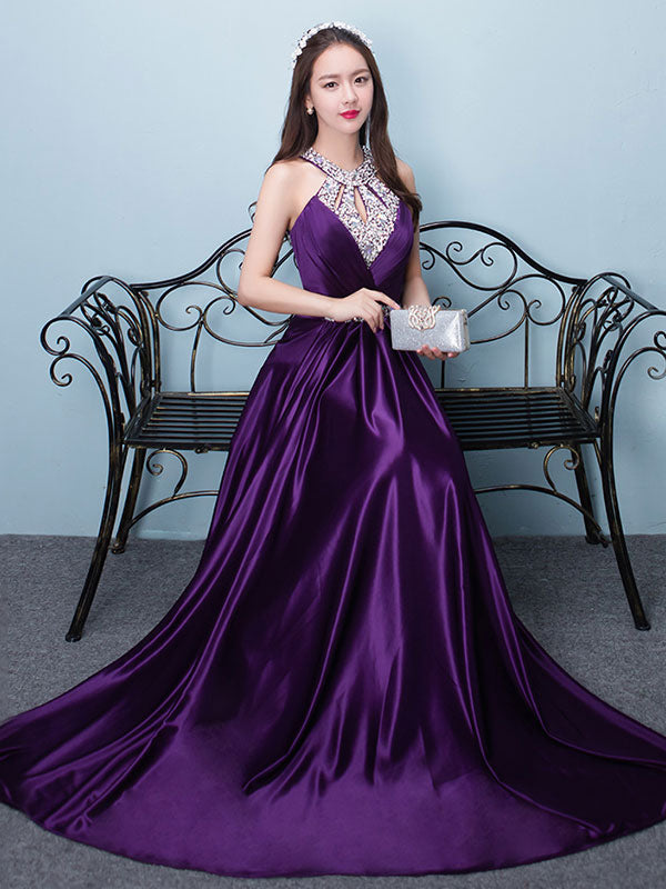 Stunning Evening Dresses Long Soft Pink Satin Evening Dress Halter Beading Pleated Floor Length Formal Party Dress-showprettydress