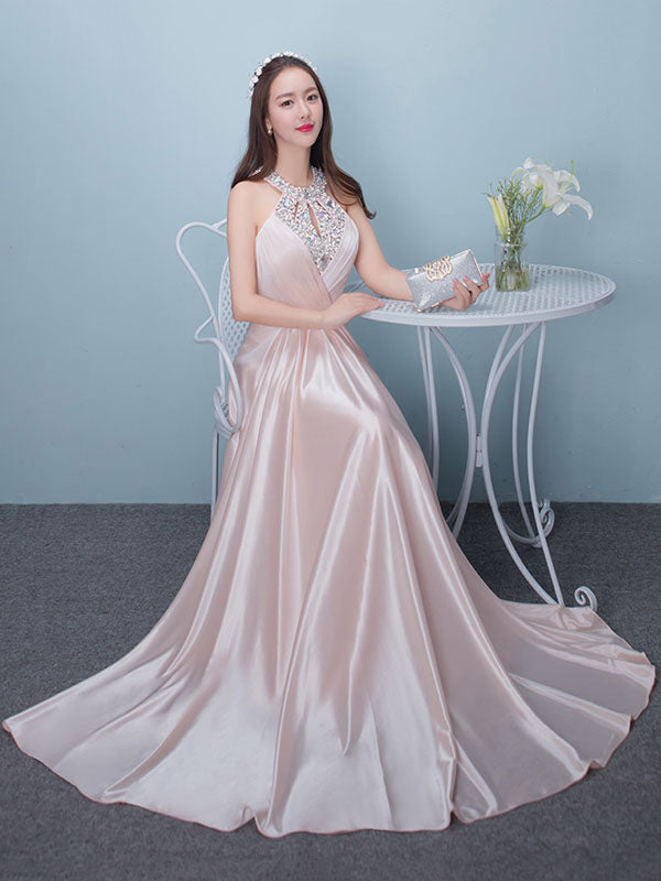 Stunning Evening Dresses Long Soft Pink Satin Evening Dress Halter Beading Pleated Floor Length Formal Party Dress-showprettydress