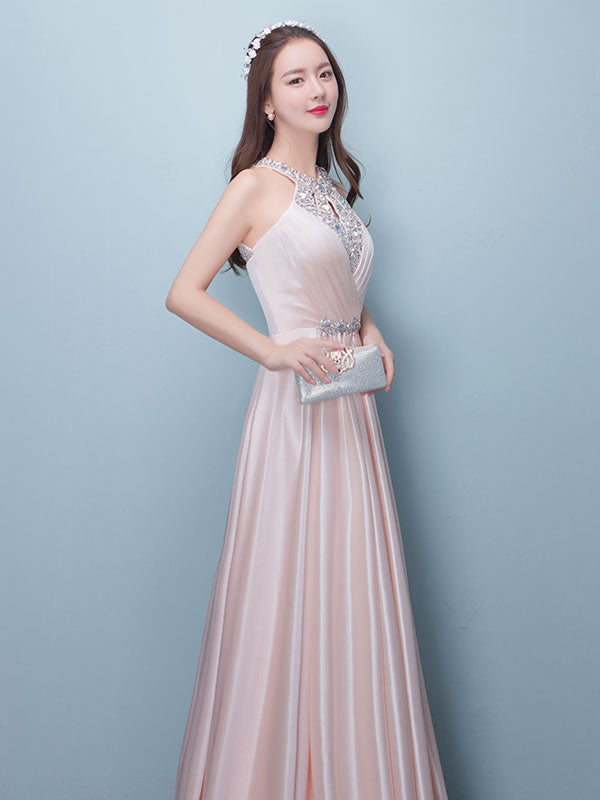 Stunning Evening Dresses Long Soft Pink Satin Evening Dress Halter Beading Pleated Floor Length Formal Party Dress-showprettydress