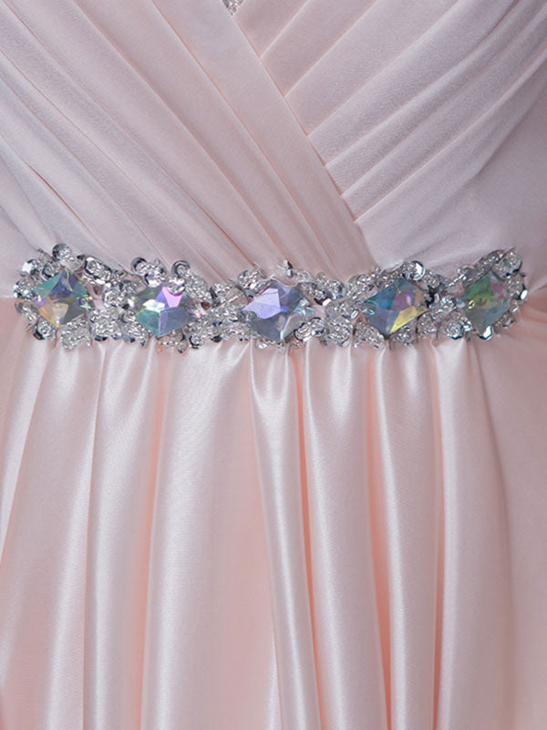 Stunning Evening Dresses Long Soft Pink Satin Evening Dress Halter Beading Pleated Floor Length Formal Party Dress-showprettydress
