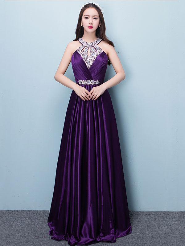 Stunning Evening Dresses Long Soft Pink Satin Evening Dress Halter Beading Pleated Floor Length Formal Party Dress-showprettydress
